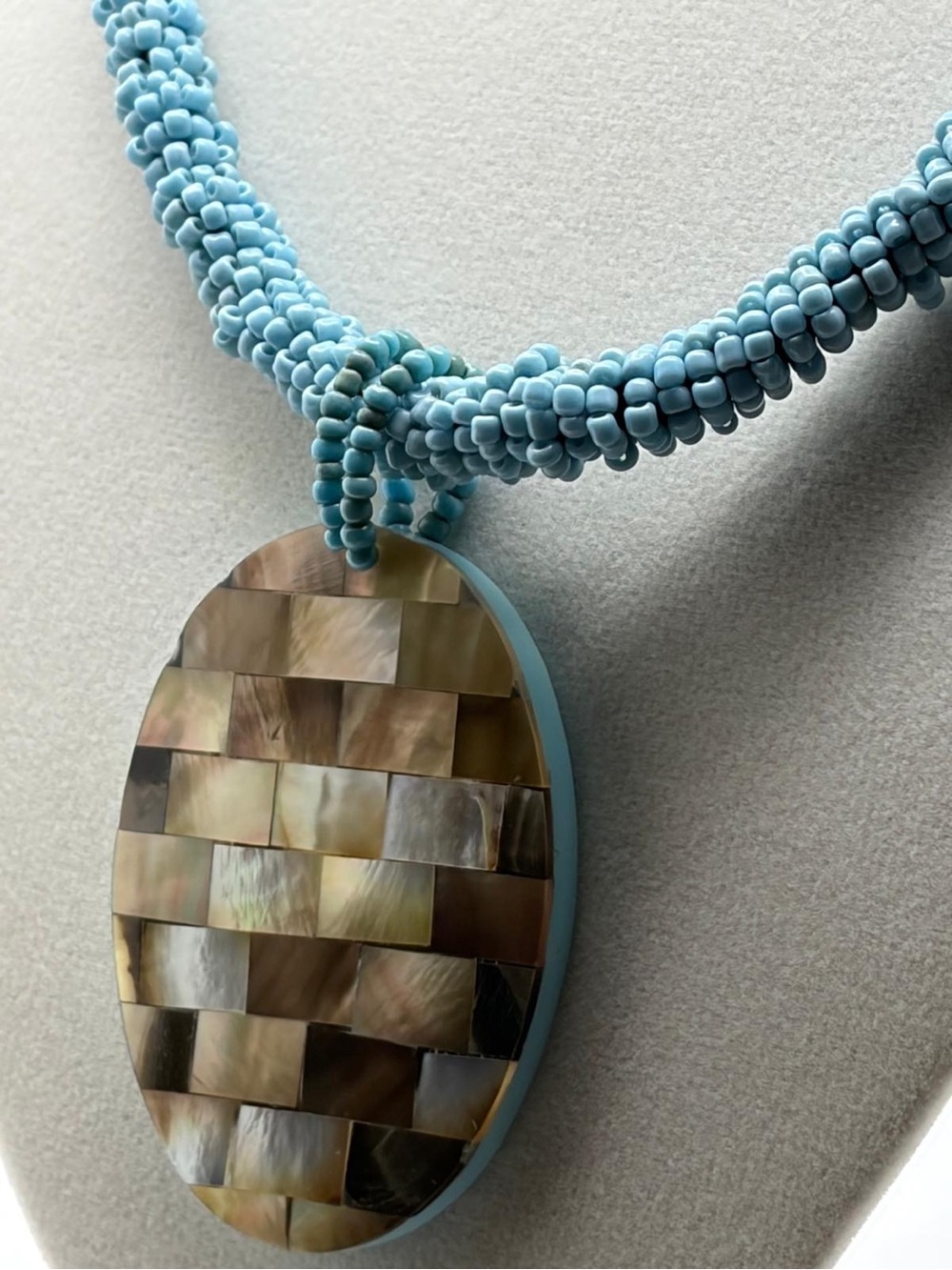 Aqua Beaded Necklace with Mosaic Mother-of-Pearl Pendant